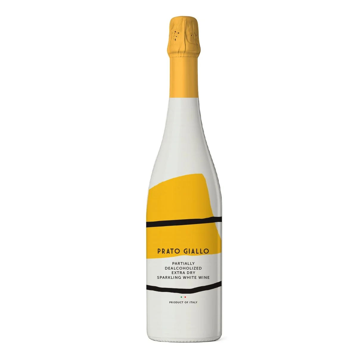 A bottle of Prato Giallo sparkling white wine with a white and yellow label, gold foil on the neck, and a minimalist design.