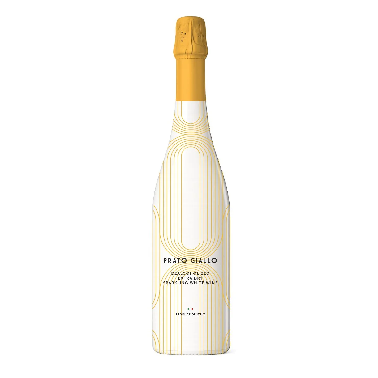 A tall white sparkling wine bottle with gold line patterns and a gold foil top, labeled 'Prato Giallo'.