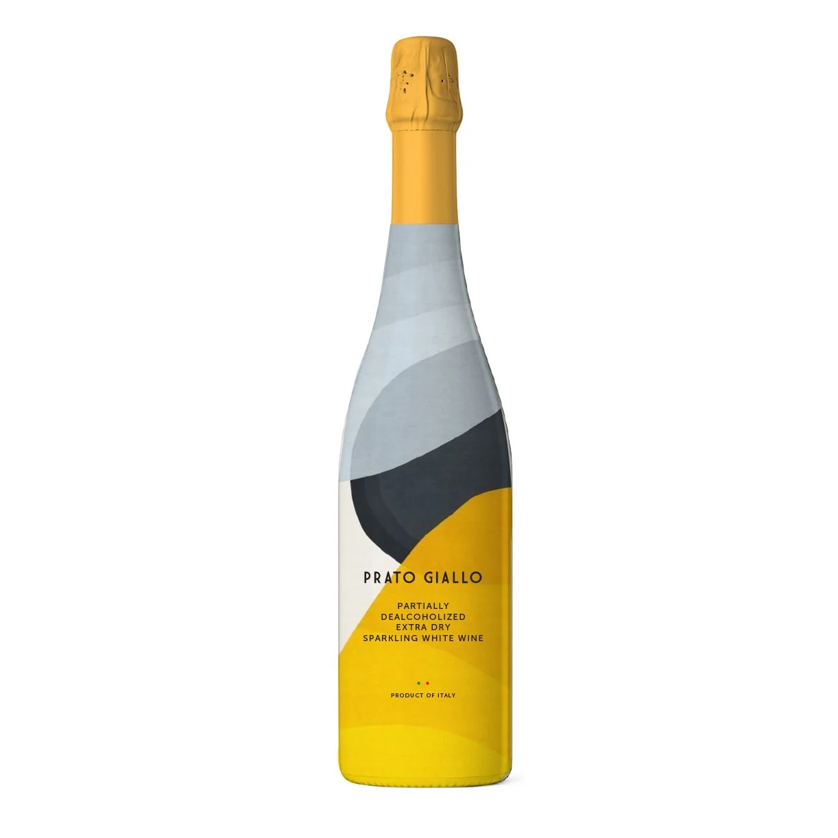 Bottle of Prato Giallo sparkling white wine with abstract black, gray, white, and yellow design.