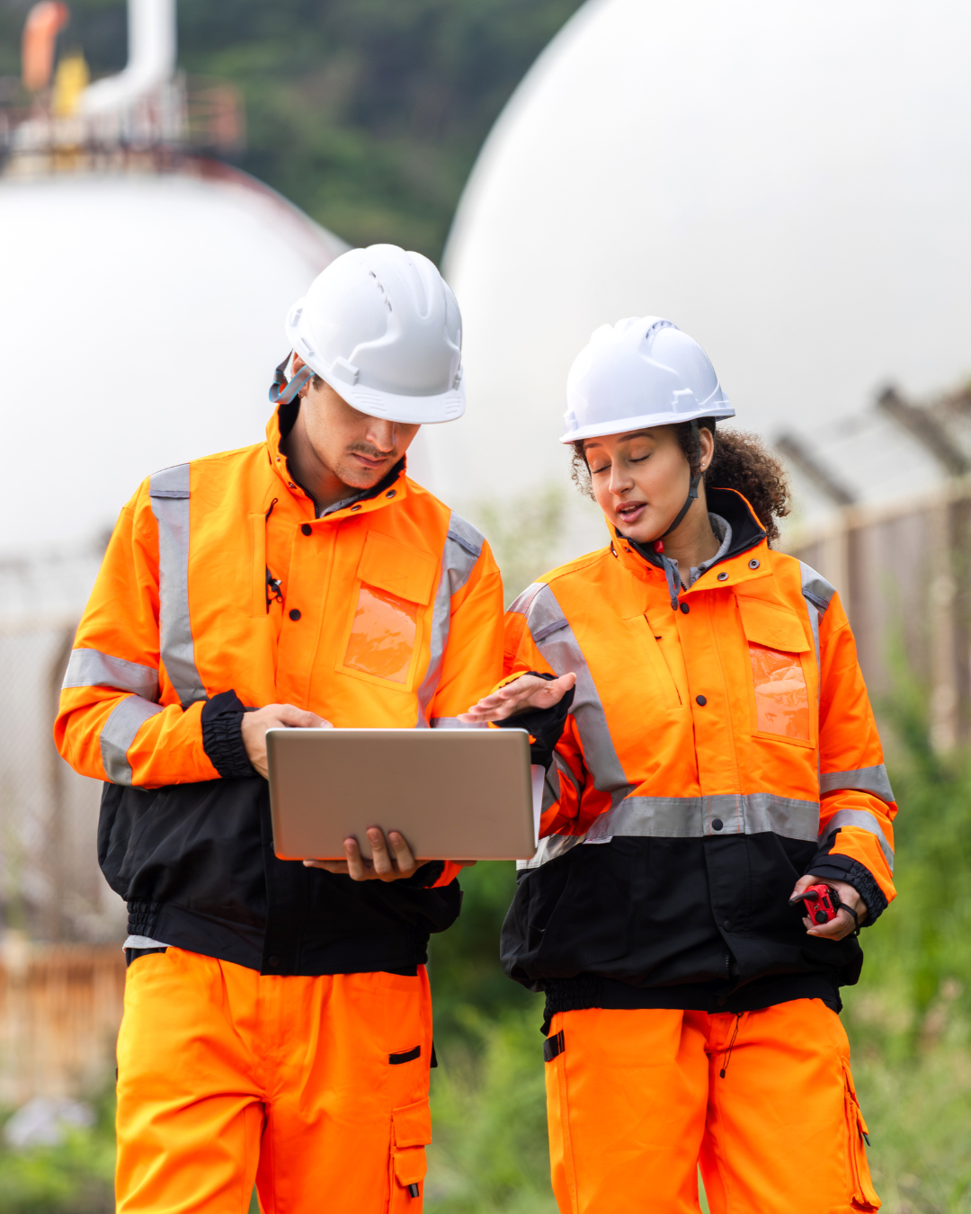 Two construction workers in orange safety uniforms and white helmets reviewing data on a tablet outdoors.