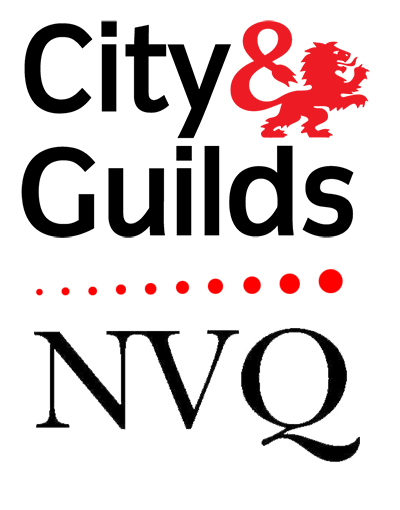 City & Guilds NVQ Logo with a red lion and ampersand at the top, black and red dots in the middle, and the letters 'NVQ' at the bottom.