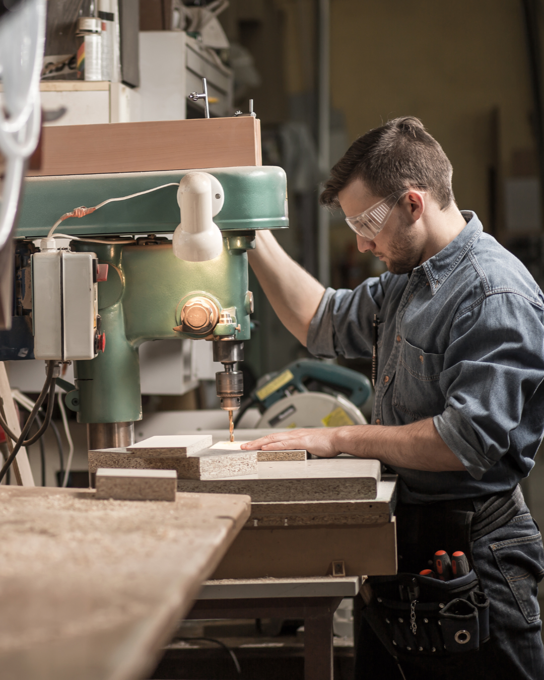 A man working on a woodworking project in a workshop, wearing safety glasses and using a drill press to carve or drill into a piece of wood.