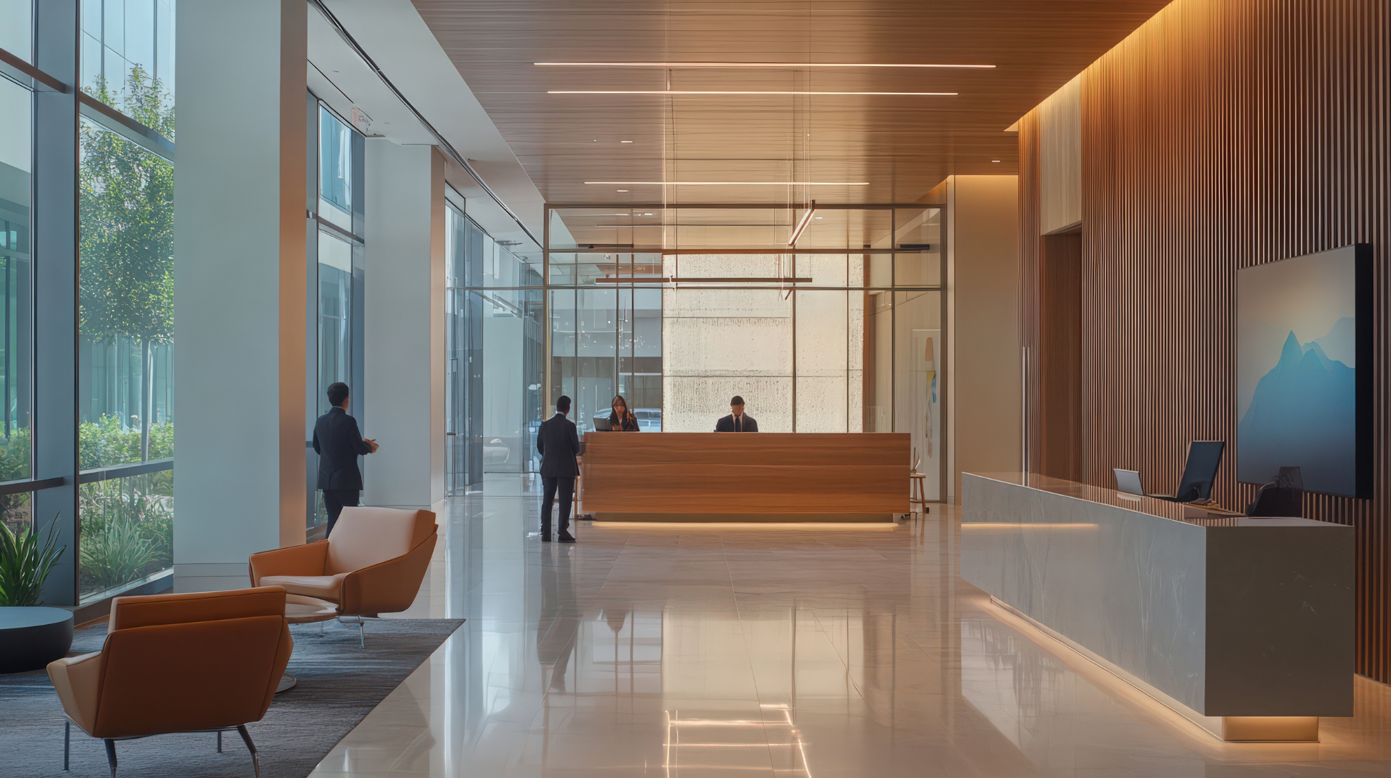 Modern hotel lobby with a reception desk, a waiting area with chairs, and three staff members behind the desk. Large glass windows let in natural light, and there are people checking in or talking.