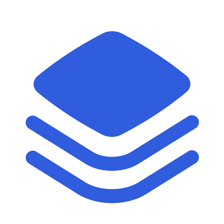 Blue icon of the stack of three layers, resembling a stylised geometric design.