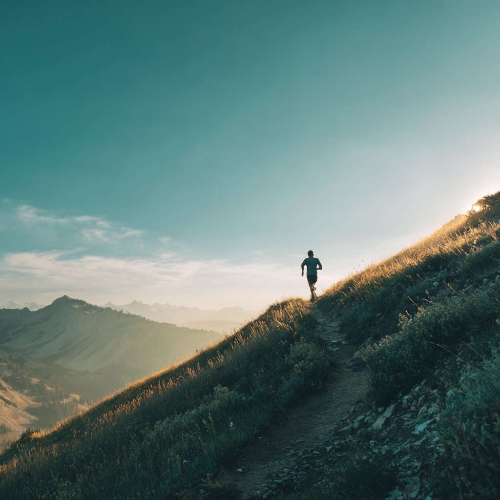 A person running on a narrow dirt trail on a grassy hillside with mountains in the background during sunset or sunrise.