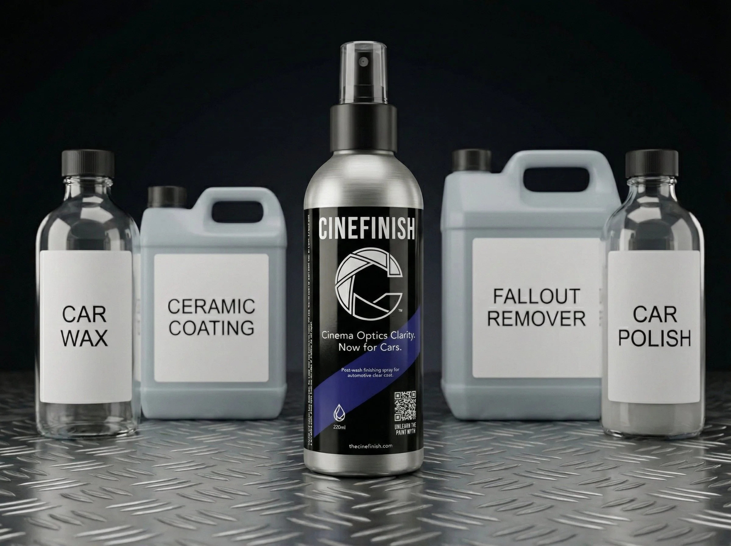 Automotive finish products including a spray bottle labeled CINEFINISH in the center, with bottles labeled CAR WAX, CAR POLISH, and containers labeled CERAMIC COATING and FALLOUT REMOVER surrounding it, on a metallic textured surface.