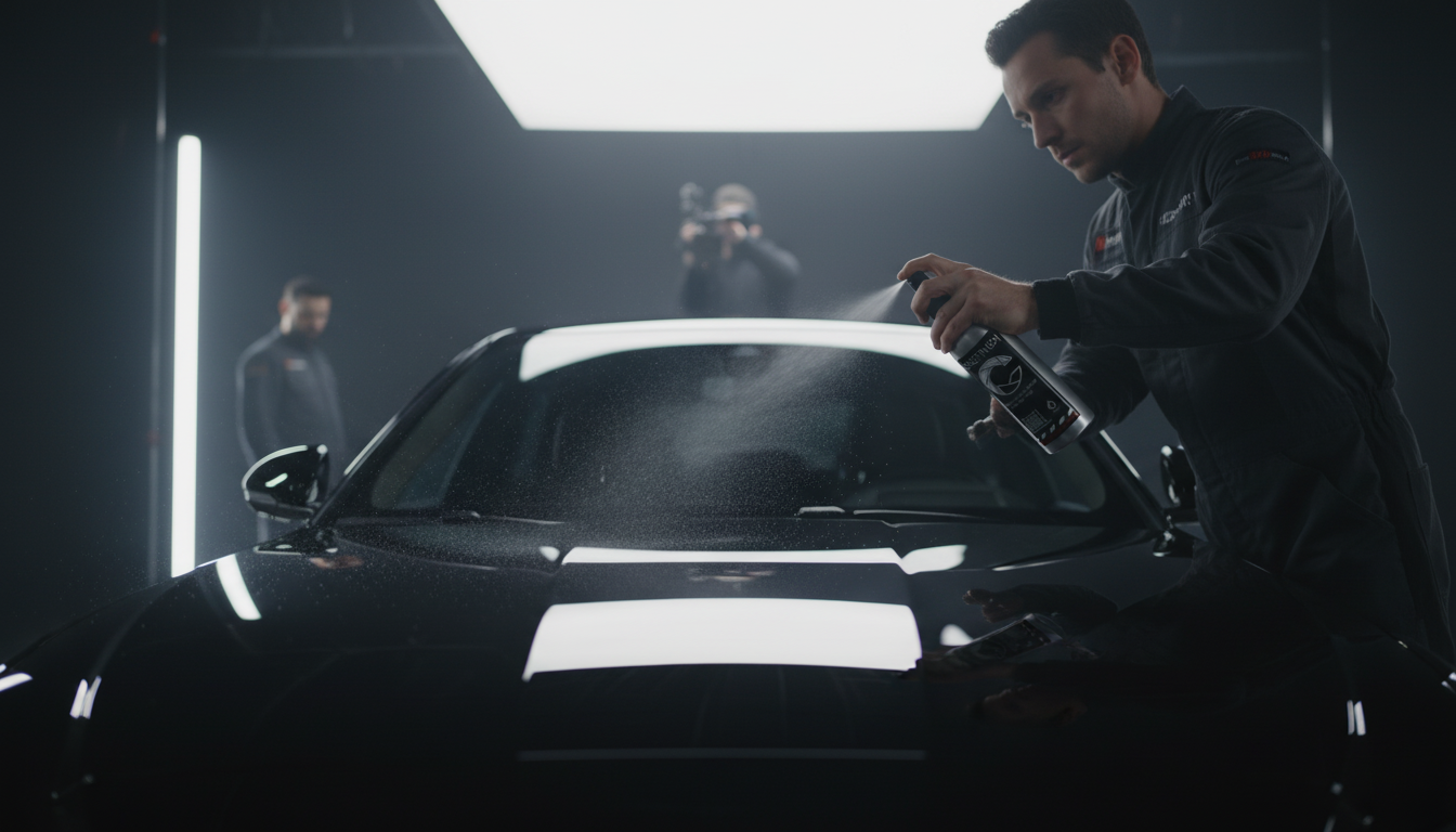 A person in racing gear cleaning a black sports car's windshield with a spray bottle inside a dark, modern studio with bright vertical lights.