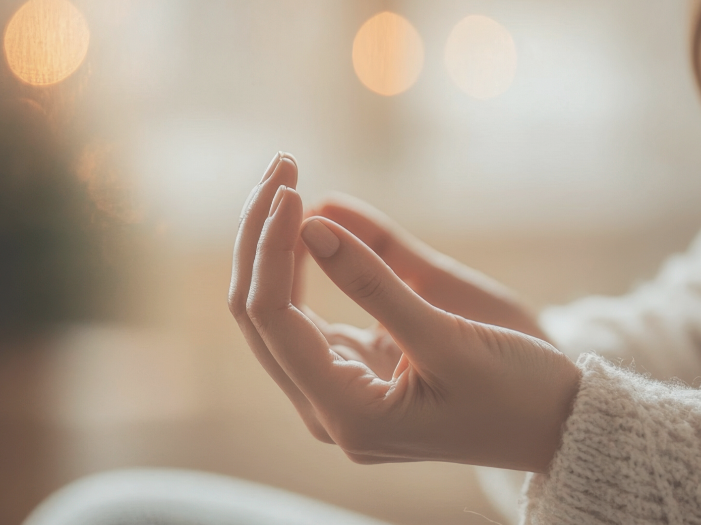 Nahaufnahme von zwei Händen, die sich im Licht eines warmen, unscharfen Hintergrunds berühren.