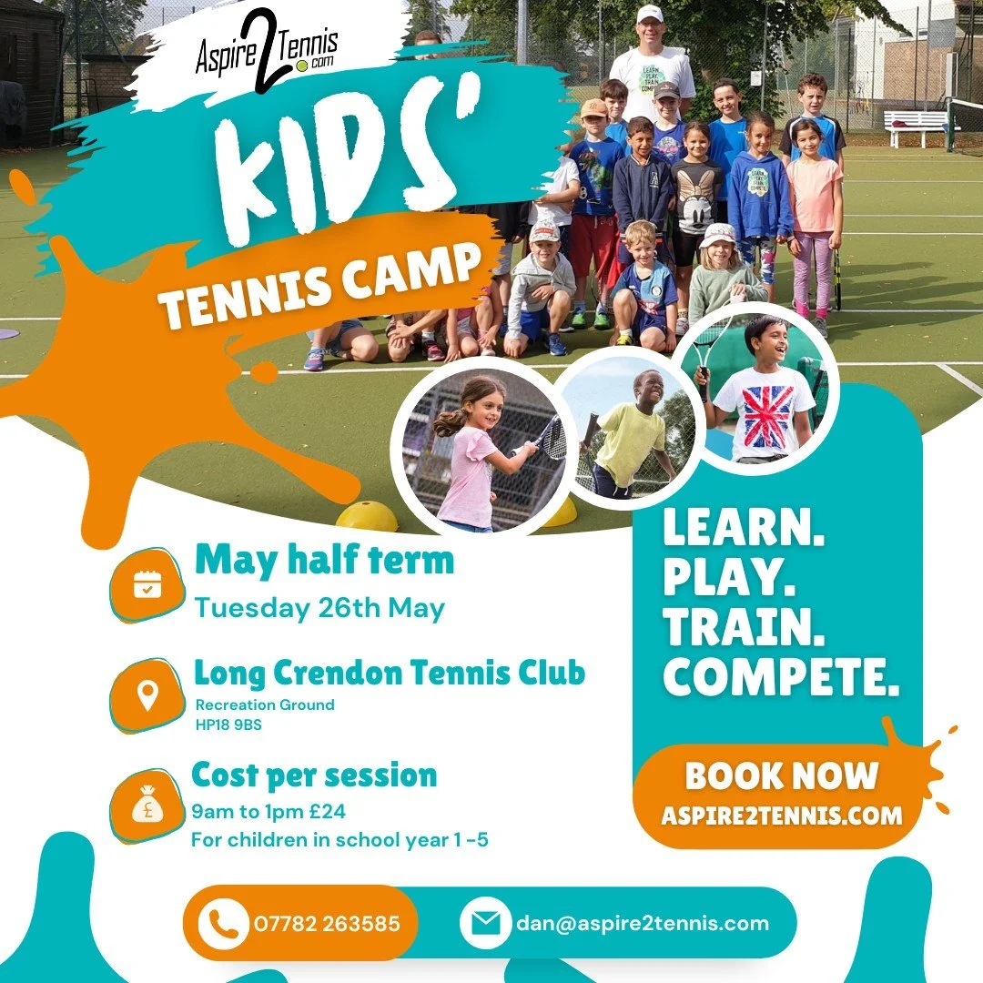 Join us at Long Crendon Tennis Club for our May Half Term Tennis Camp on Tuesday 26th May 9am-1pm.

Our camps (for children in school year 1 and onwards) are a perfect way to keep the children active, get them spending time outdoors and having lots o