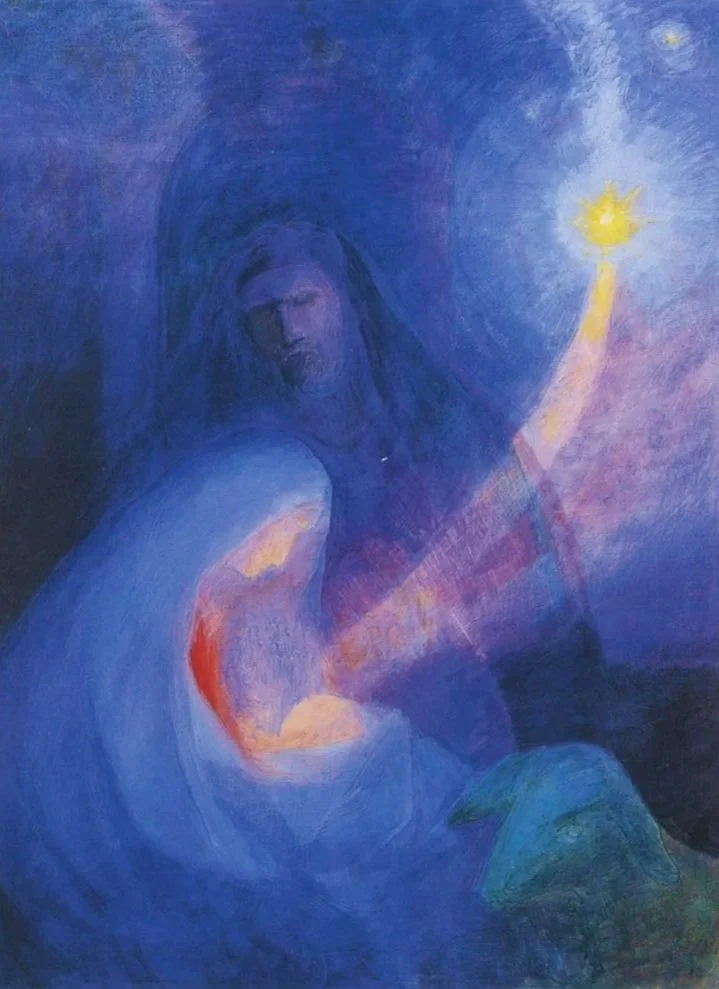 An abstract painting of a person with long hair, holding an object resembling a glowing light or torch, with swirling blue, purple, and orange hues.