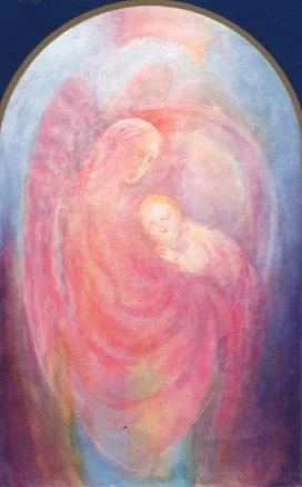 An abstract painting with swirling pink, peach, and light blue colors, resembling a maternal figure holding a child.