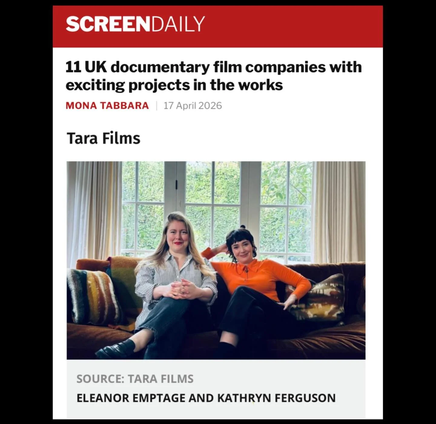Huge thanks to @Screendaily for including @tarafilms in their spotlight &ldquo;11 UK film documentary companies with exciting projects in the works&rdquo;.

Wonderful to see Tara included in this line up of UK doc companies we so admire. What a great