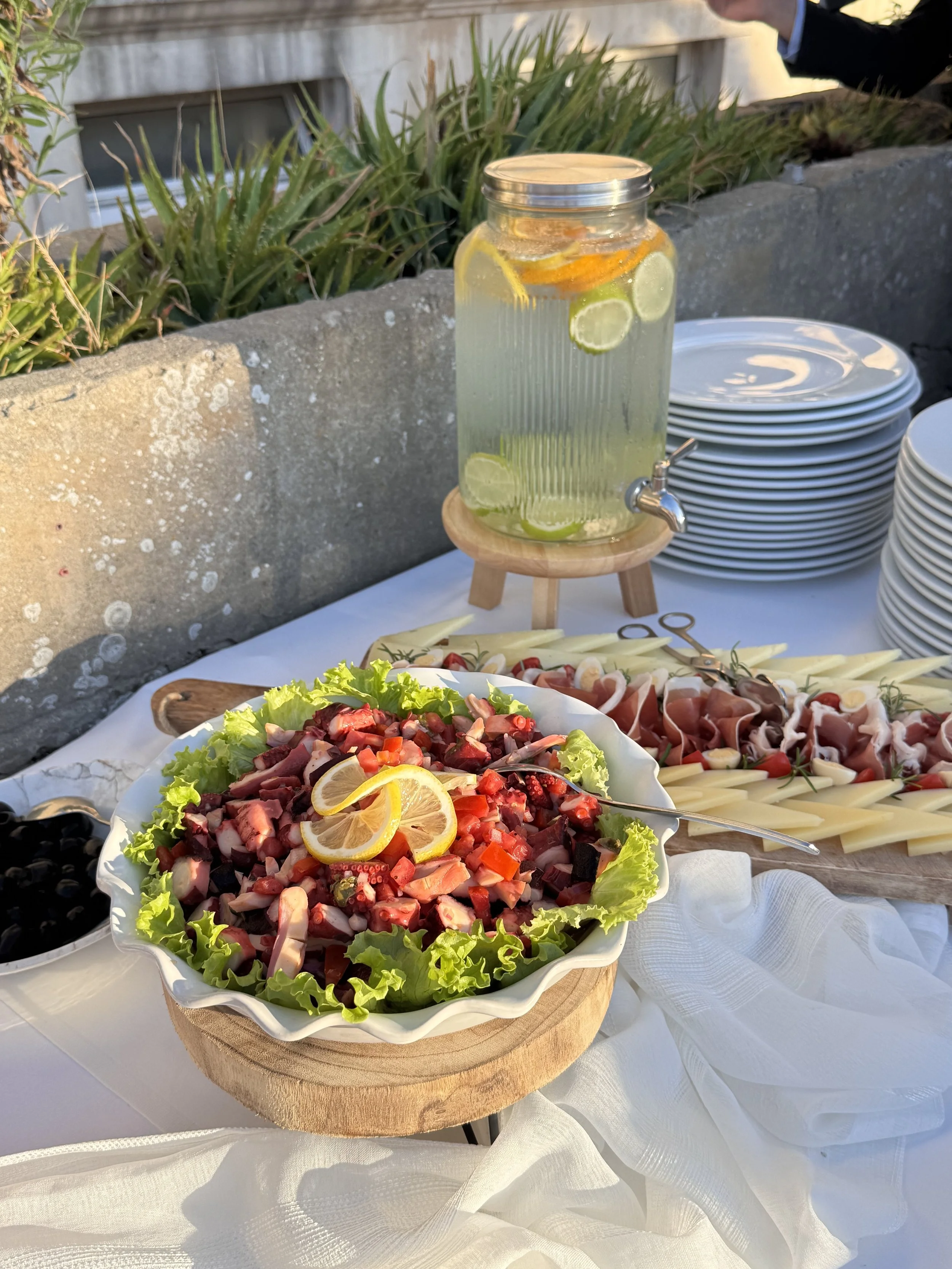Outdoor buffet table featuring a large bowl of mixed salad with slices of lemon on top, a jar of lemon-infused water, and plates stacked nearby. The setting appears to be sunny and casual.