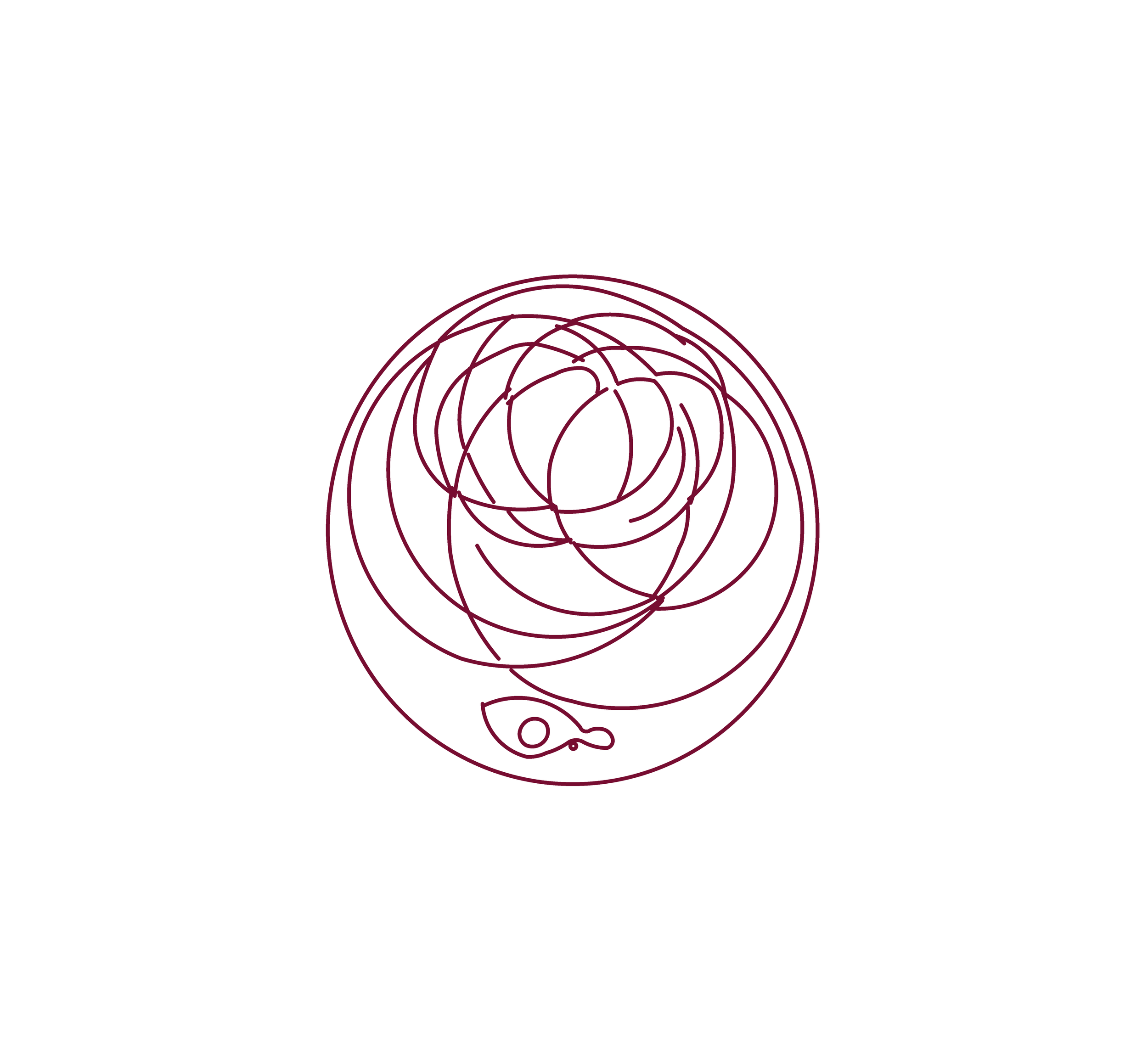 Disegno di linee che formano un immagine stilizzata dell'opera "Vita", con un forte uso di linee curve rosse su sfondo bianco.