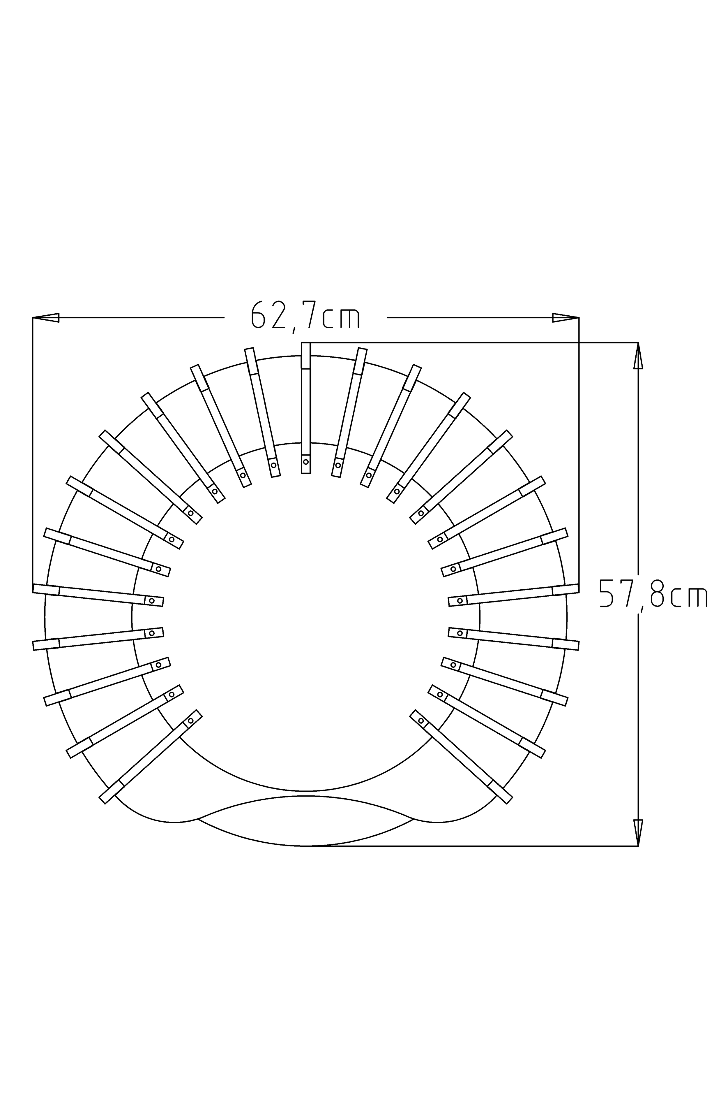 Disegno tecnico di Anima, vista dall'alto, informativo, circolare con misure di diametro di 62,7 cm e 57,8 cm, con dettagli delle sue parti.