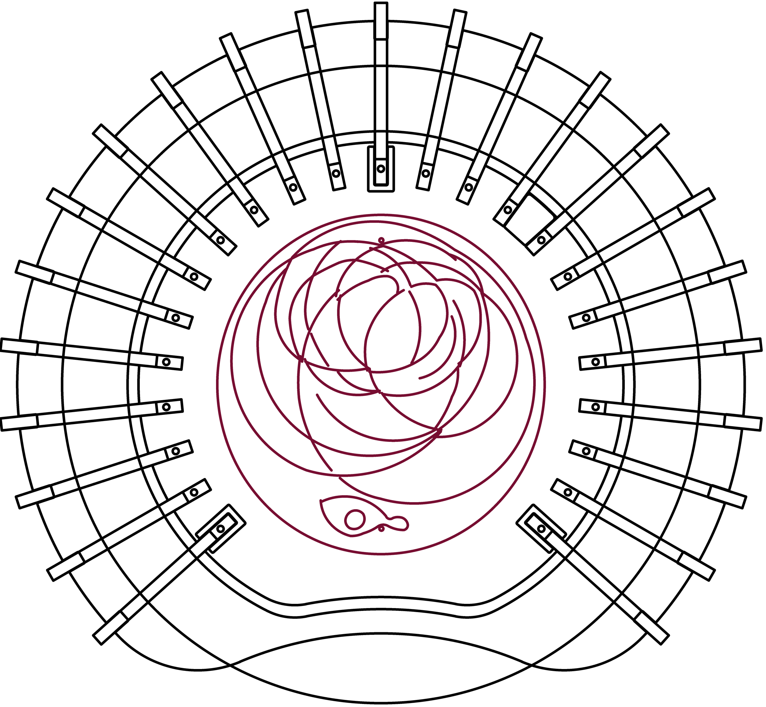 Disegno di "Anima" stilizzato, visione dall'alto, circondato da linee e cerchi concentrici, con linee rette che si estendono verso l'esterno in modo radiale.