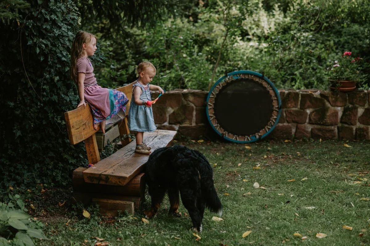 Geschwister stehen zusammen auf einer Holzbank im grünen Garten, Hund begleitet sie beim fröhlichen Einschulung feiern in der Pfalz.