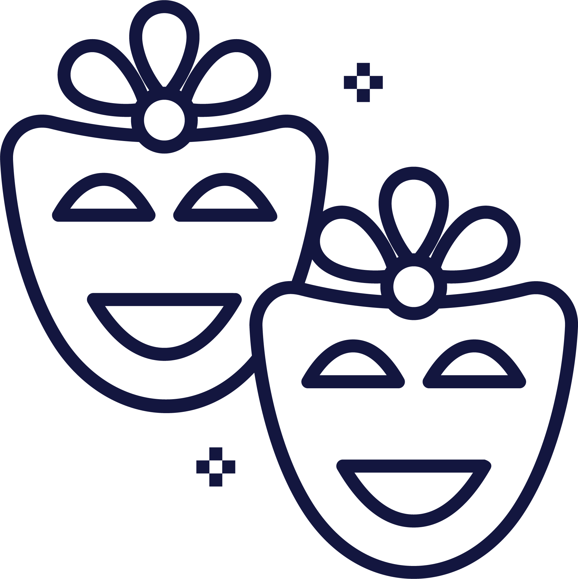 Line drawing of two smiling Halloween masks decorated with flowers and sparkles.