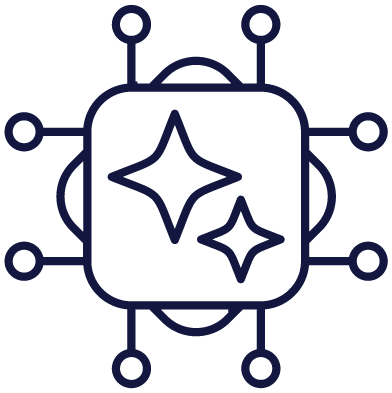 Icon of a robotic face with a circuit-like design and stars inside.