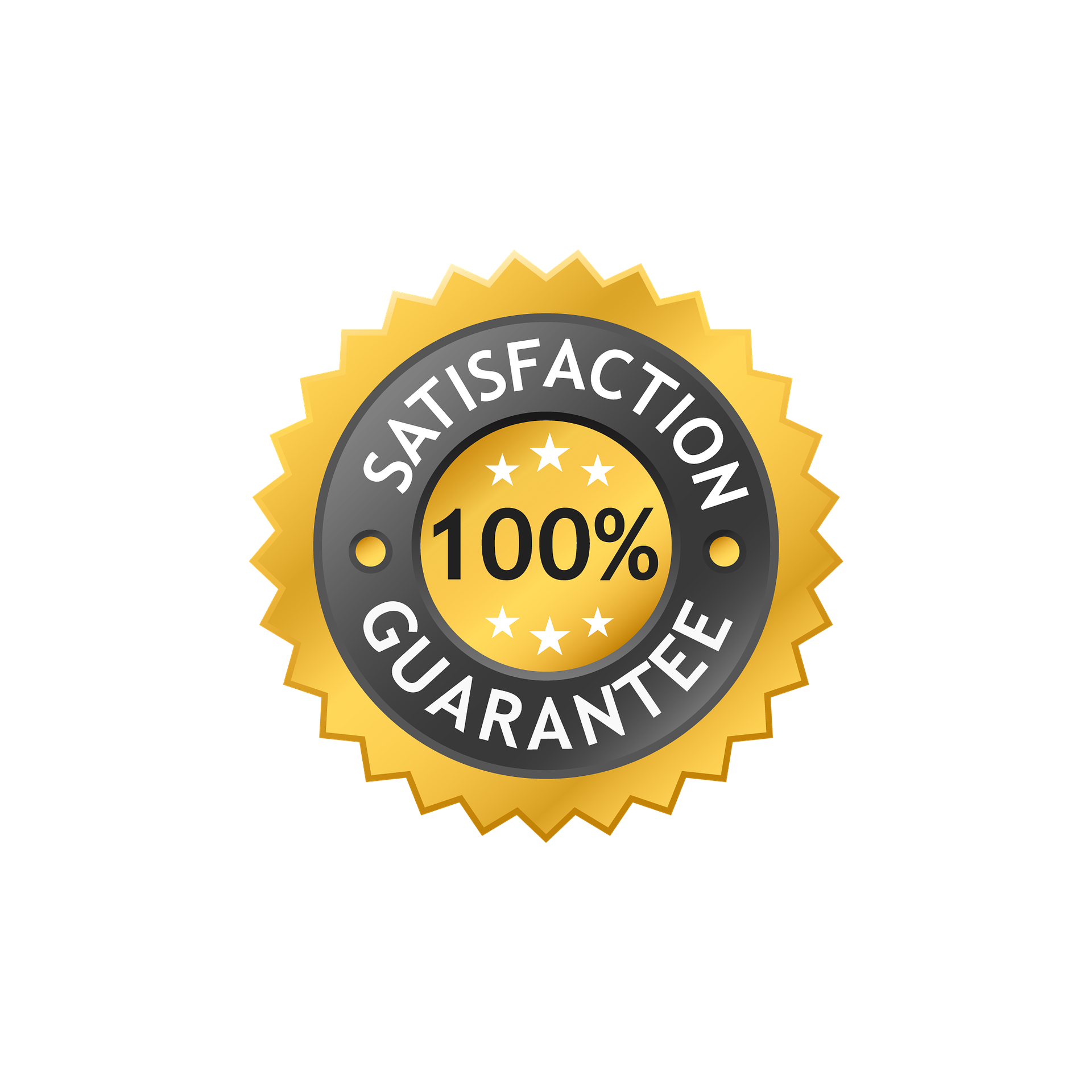Goudkleurige badge met zwart en witte tekst die 100% tevredenheidsgarantie aangeeft.