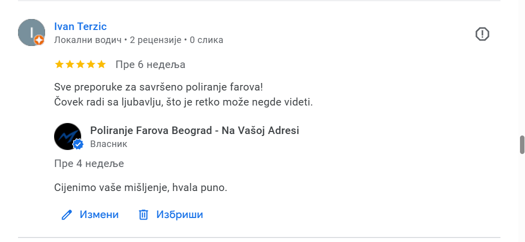 Screenshot of a Google reviews section showing three reviews, one from Ivan Terzic giving five stars and recommending a service for perfecting lawn mowing, and another from a verified owner of a lawn mowing service in Belgrade thanking for the review.