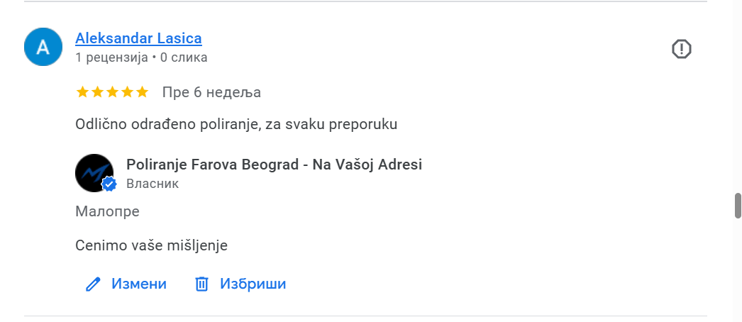 Screenshot of a Google review for Poliranje Farova Beograd, with a five-star rating and positive comments.