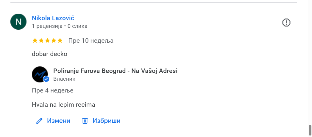 Screenshot of a Google review with a 5-star rating, written in Serbian, praising a good deck. The review is by Nikola Lazović, posted over 10 weeks ago, and a reply from the business Poliranje Farova Beograd - Na Vašoj Adresi thanks him for the good comments.