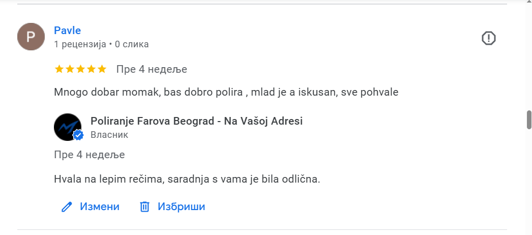 Screenshot of a Facebook review in Serbian, praising a service or experience, with five stars and a verified owner badge.