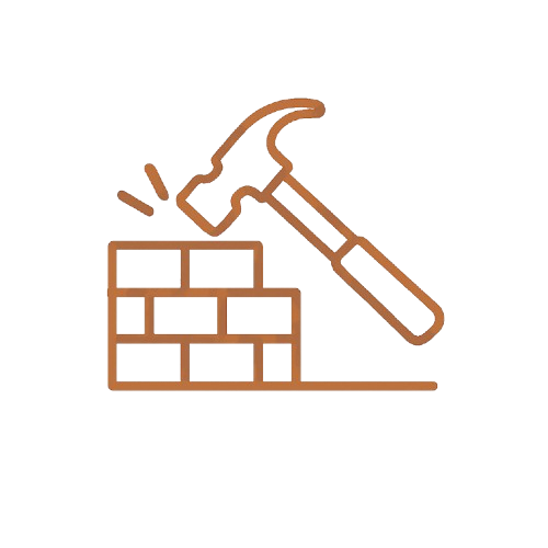 Simple illustration of a hammer and bricks building a wall.