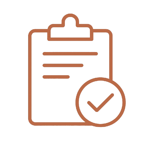 Icon of a clipboard with checkmarks and lines, indicating completion or approval.