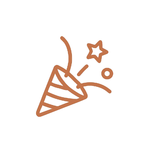 Simple drawing of a party hat with a star-shaped balloon and a small round balloon.