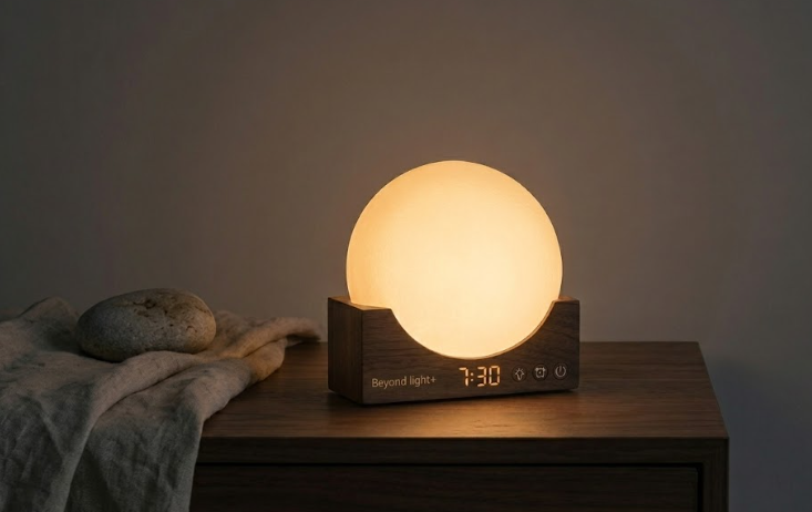 A bedside lamp with a spherical, glowing light on a wooden nightstand, displaying the time 7:30 and the text 'Beyond light+' on the base.