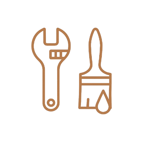 Outline drawing of a wrench and paintbrush side by side.