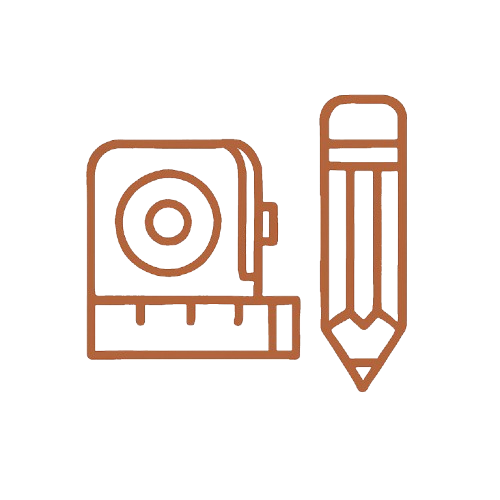 Outline drawing of a tape measure and a pencil.