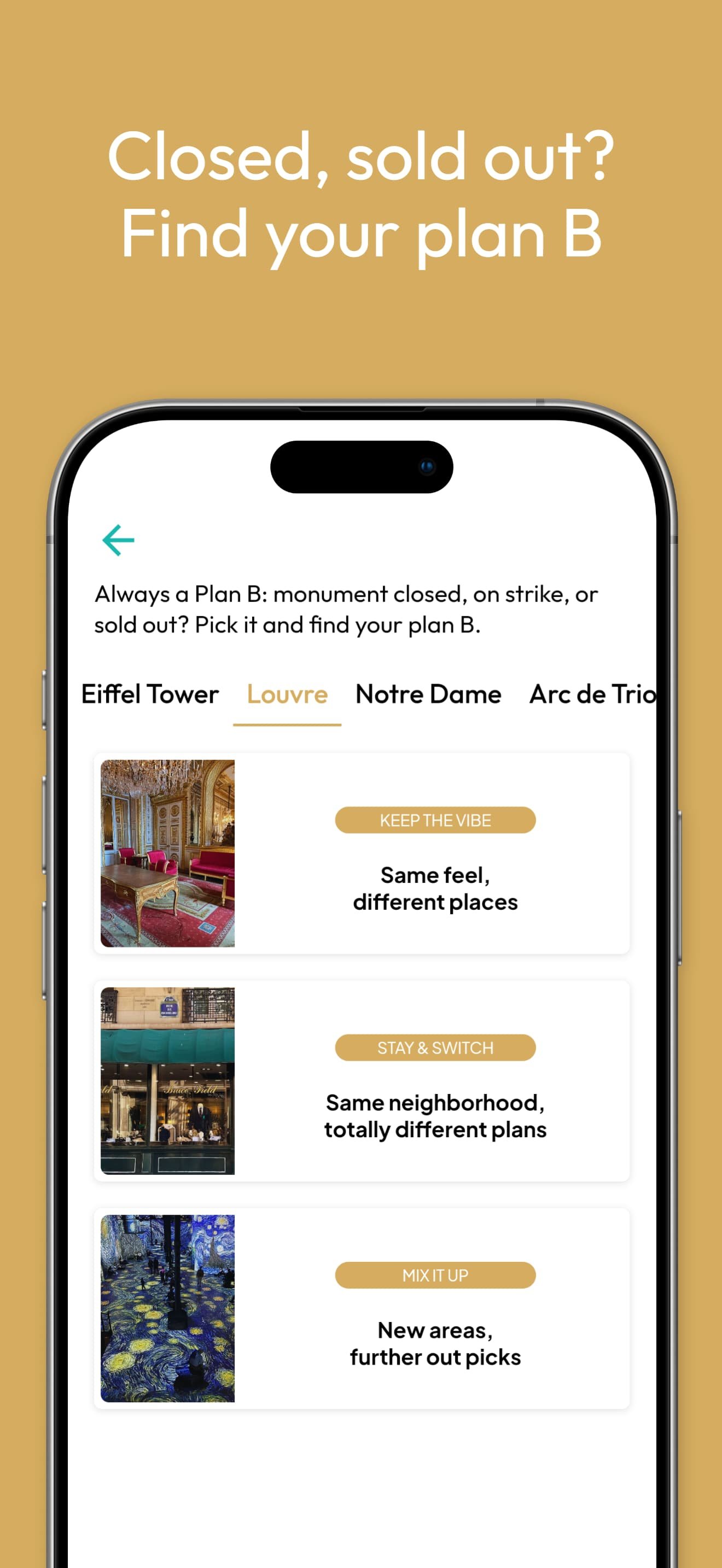 Paris on the Spot app screenshot: Plan B feature suggesting alternative activities