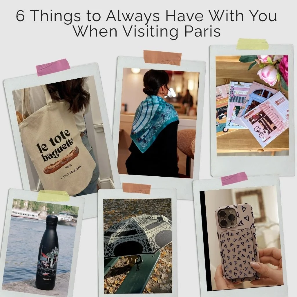 6 things to have with you when visiting Paris: a tote bag, a small umbrella, a layer, a reusable water bottle, a portable charger, and a notebook or a book