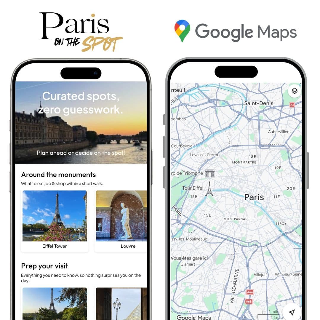 Pritscreens of Paris on the Spot app (Paris travel app) and Google Map (Paris map)