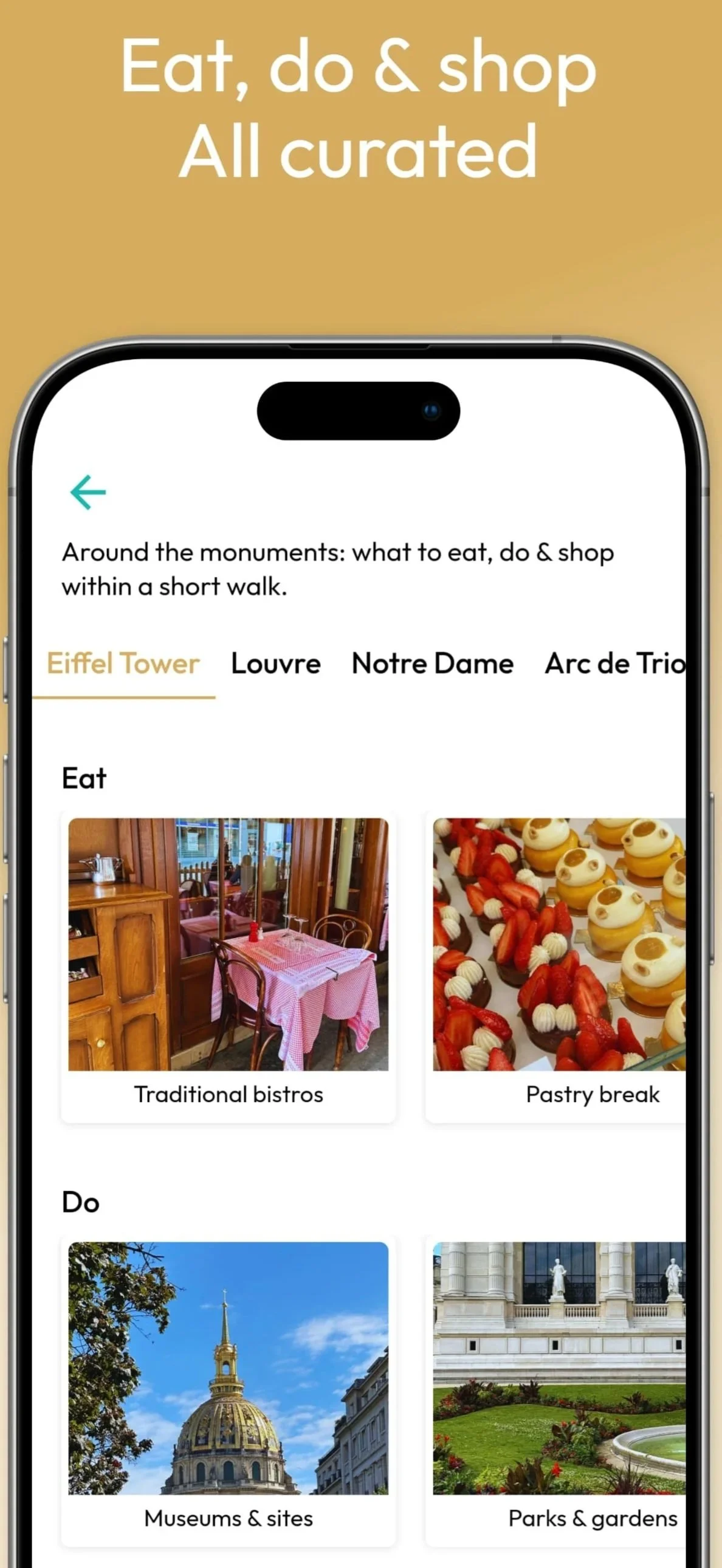 Printscreen of Paris on the Spot app, 'Around monuments' menu