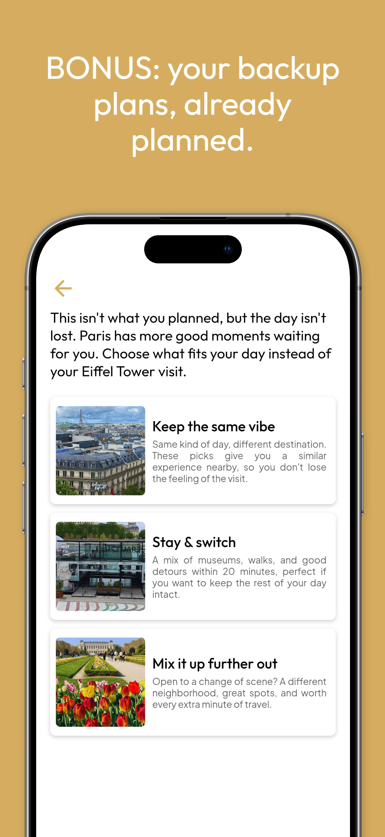 Mobile phone screen displaying travel tips and options for exploring Paris, including keeping the same vibe, staying and switching, and mixing up the itinerary with images of Paris landmarks and scenic spots.