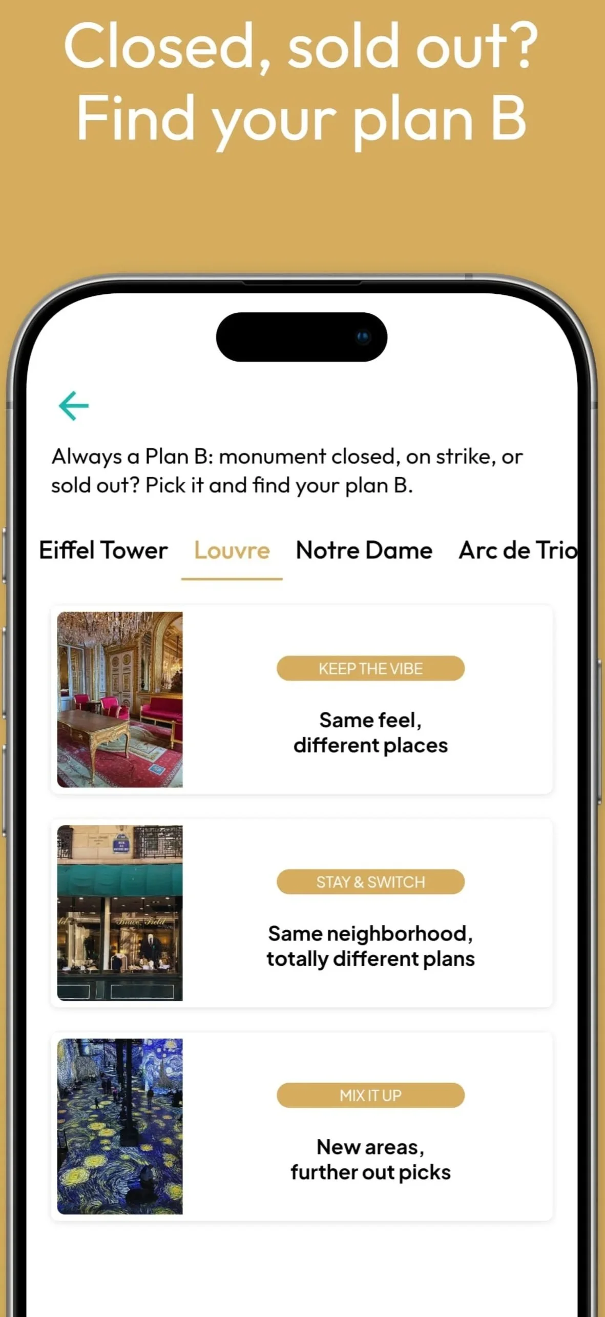 Printscreen of Paris on the Spot app, 'Plan B' menu
