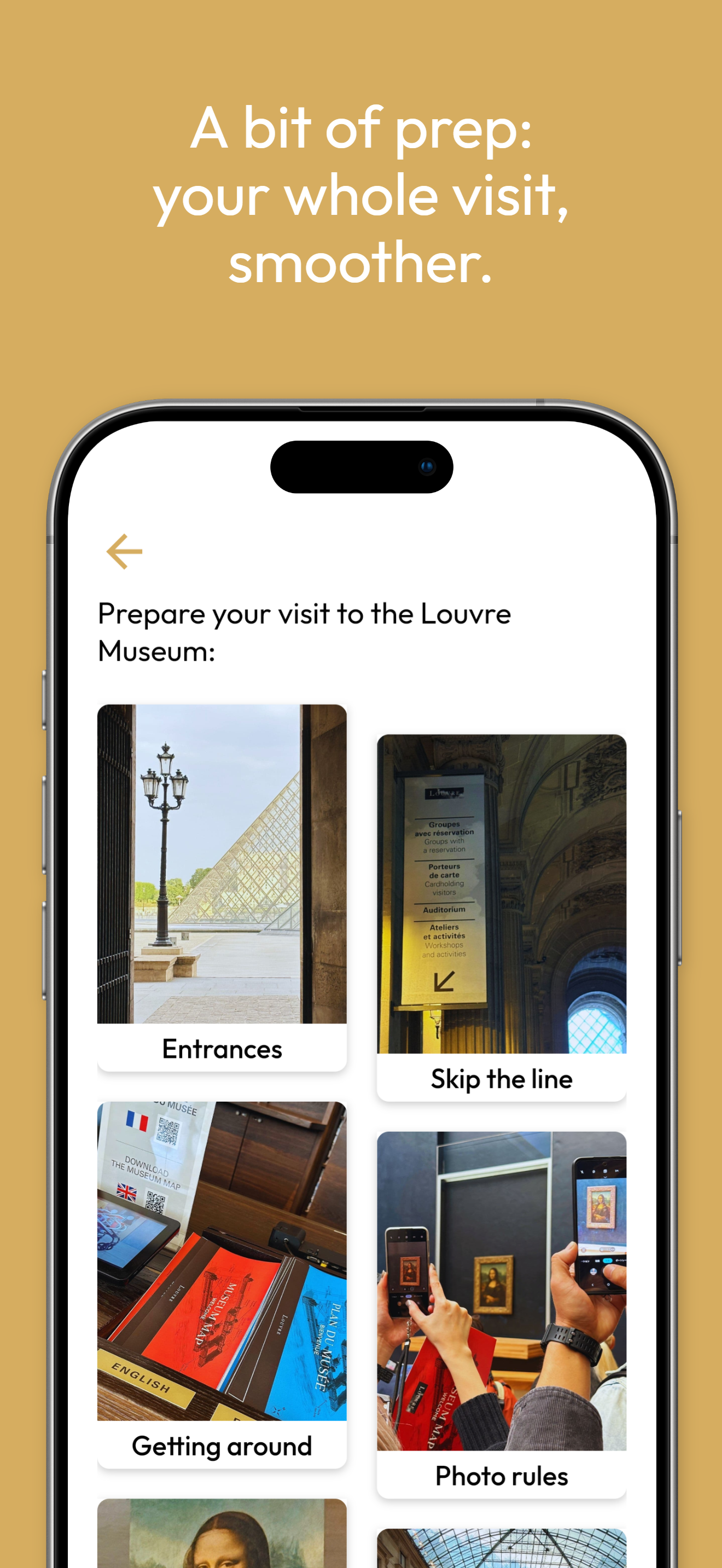 Mobile app screen showing tips for visiting the Louvre Museum, including entrances, skipping the line, getting around, and photo rules.