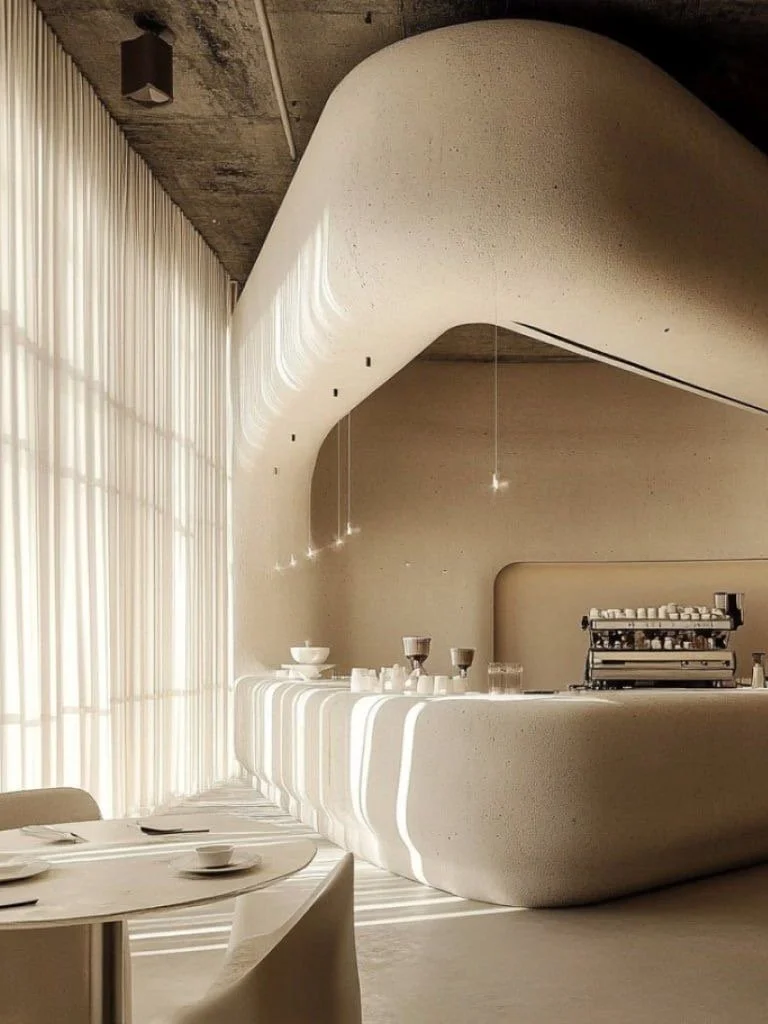 The Present healing space experience hub, Modern minimalist cafe interior with curvy white counter, hanging pendant lights, and large sheer curtains allowing natural light.