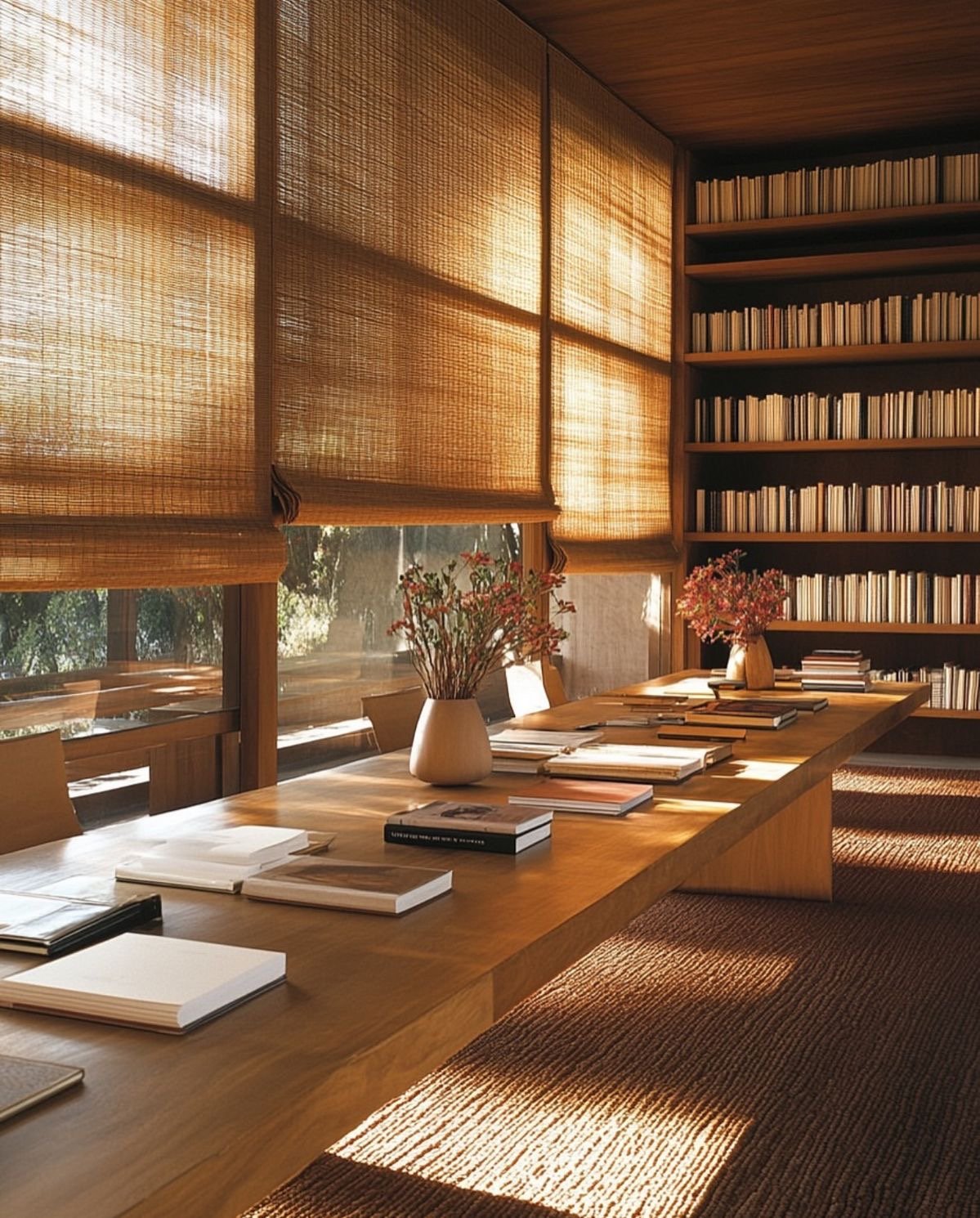 The present healing space experience hub, cozy library room with wooden walls and shelves, large windows with woven blinds, a long wooden table with books and vases of flowers, and sunlight streaming through the windows.