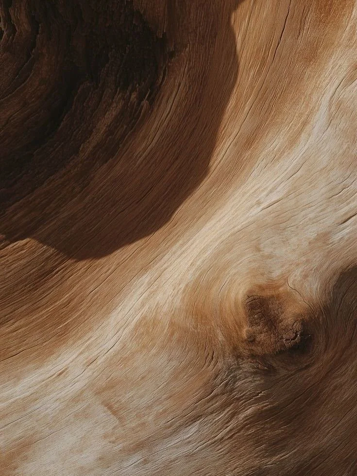Close-up of a knot and the grain in a piece of wood.