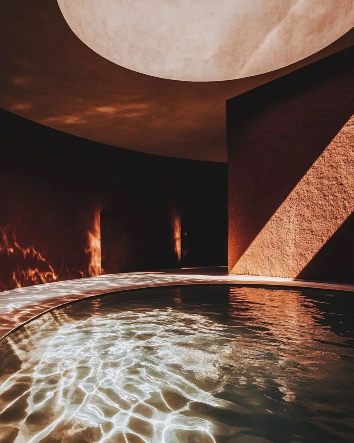 The present healing space room experience hub, Interior of a modern room with a circular water feature, warm lighting, and textured walls, with a large moon mural or projection on the ceiling.