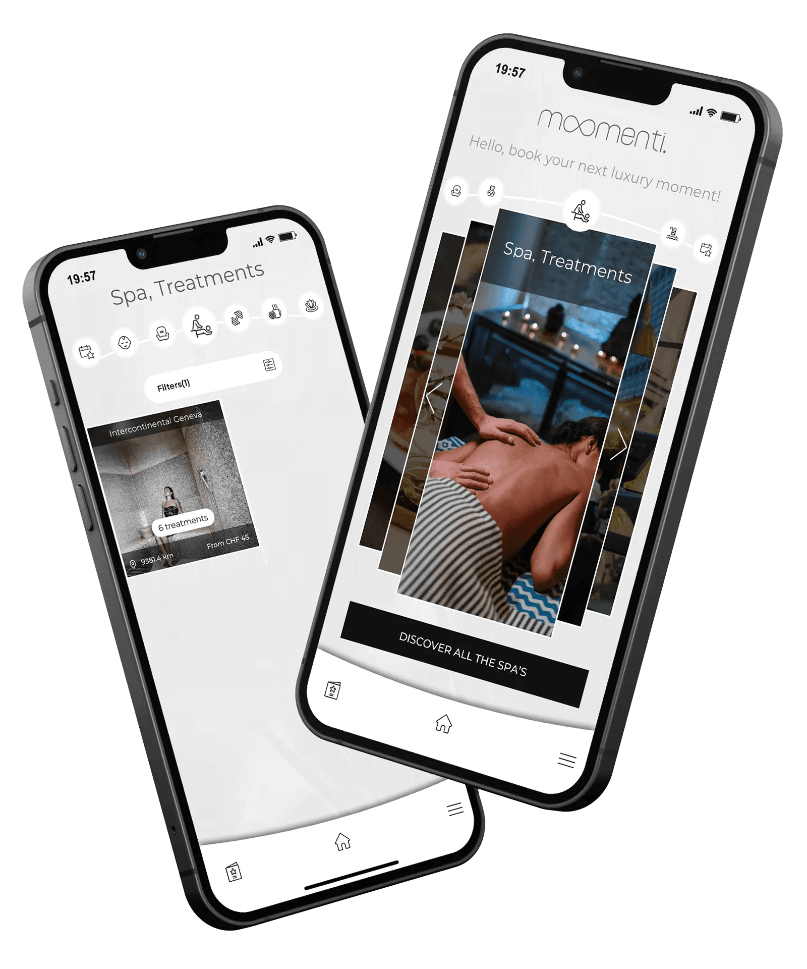 Two smartphones displaying a spa booking app interface with options for different treatments and services.