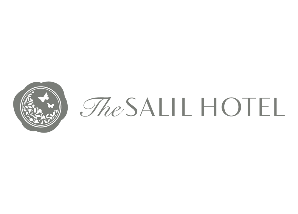 Logo of The SaliL Hotel with a seal containing butterflies and foliage in gray.