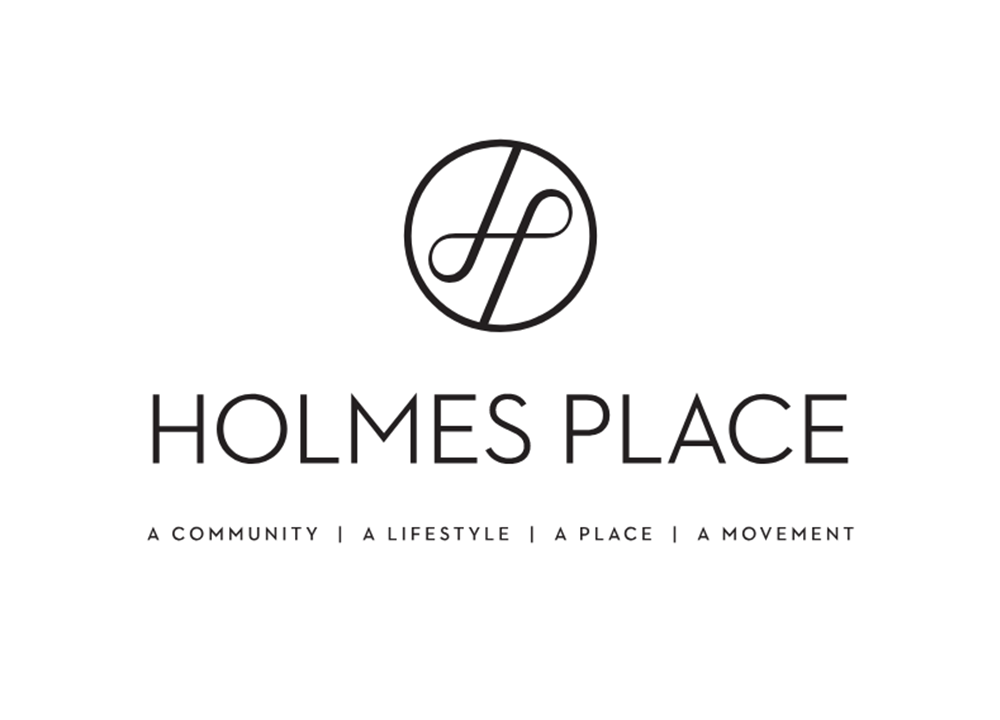 Holmes Place logo with a circular emblem containing an abstract 'H' and 'P', and the text 'Holmes Place' below, with the tagline 'A community | A lifestyle | A place | A movement'.