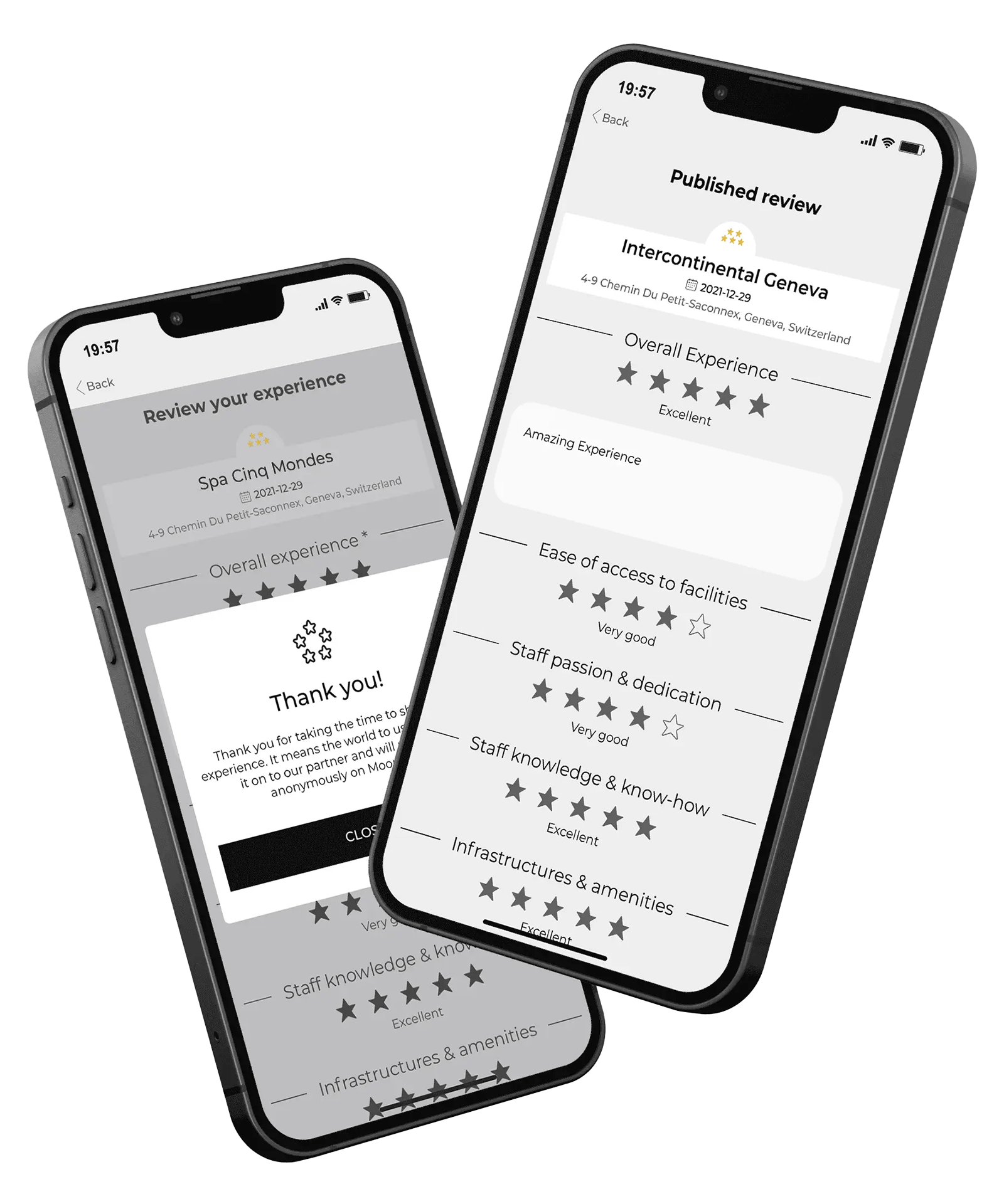 Two smartphones displaying hotel review and feedback forms with star ratings and comments in black and white.