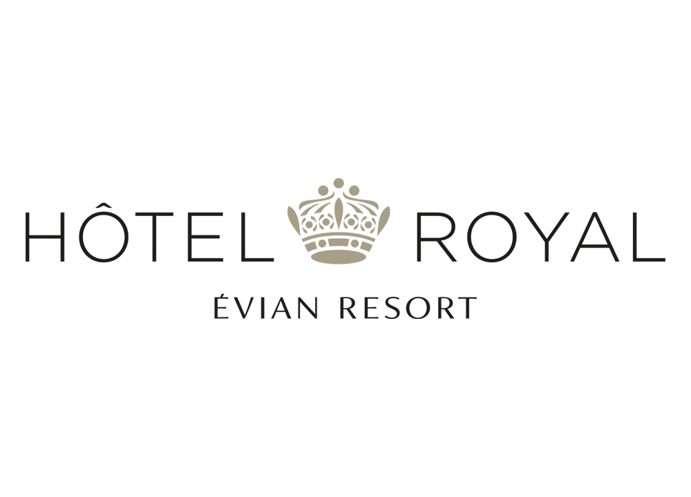 Logo for Hotel Royal Evian Resort with a crown graphic between the words 'Hotel' and 'Royal'